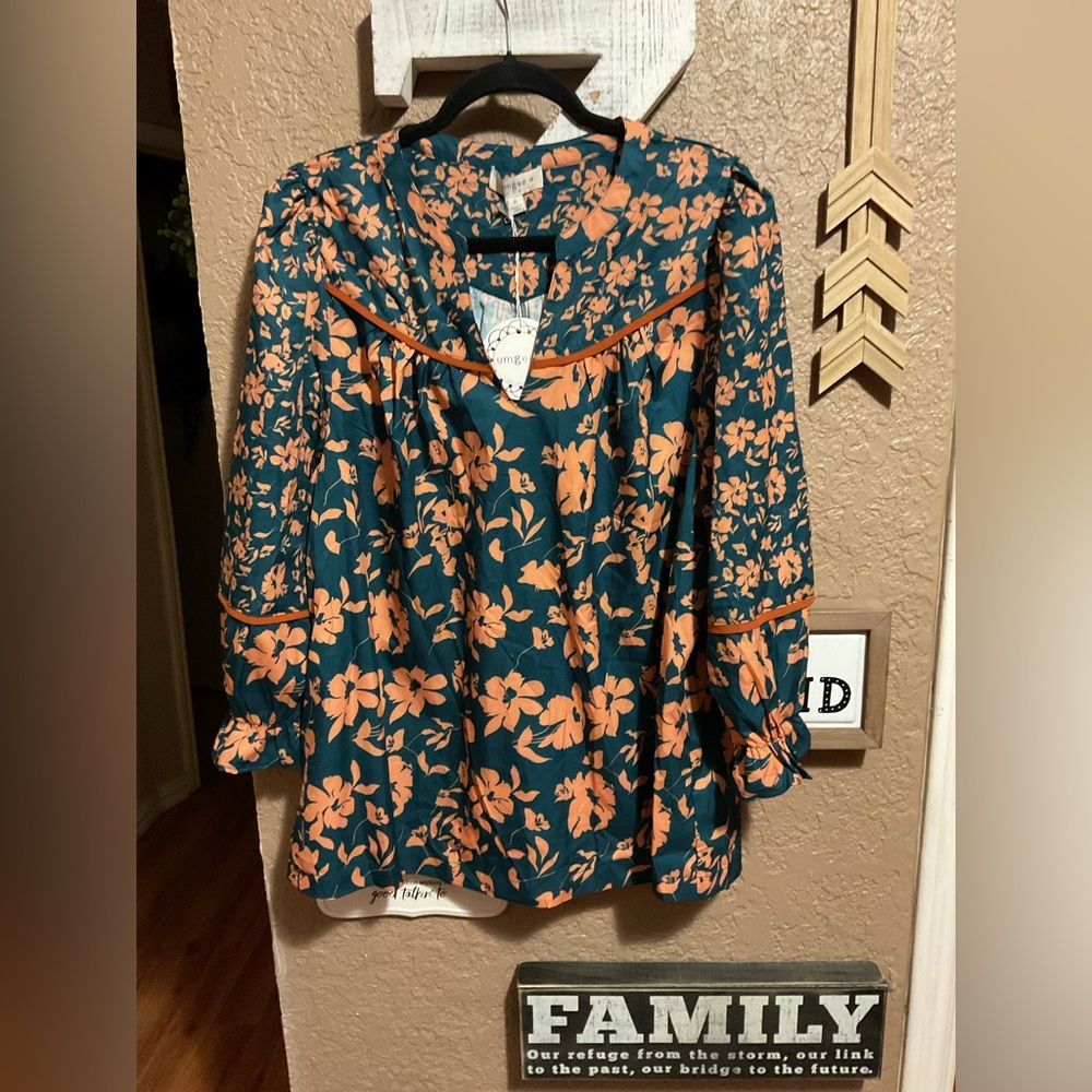 Umgee Teal Floral Blouse with Coral Orange Print XL NWT